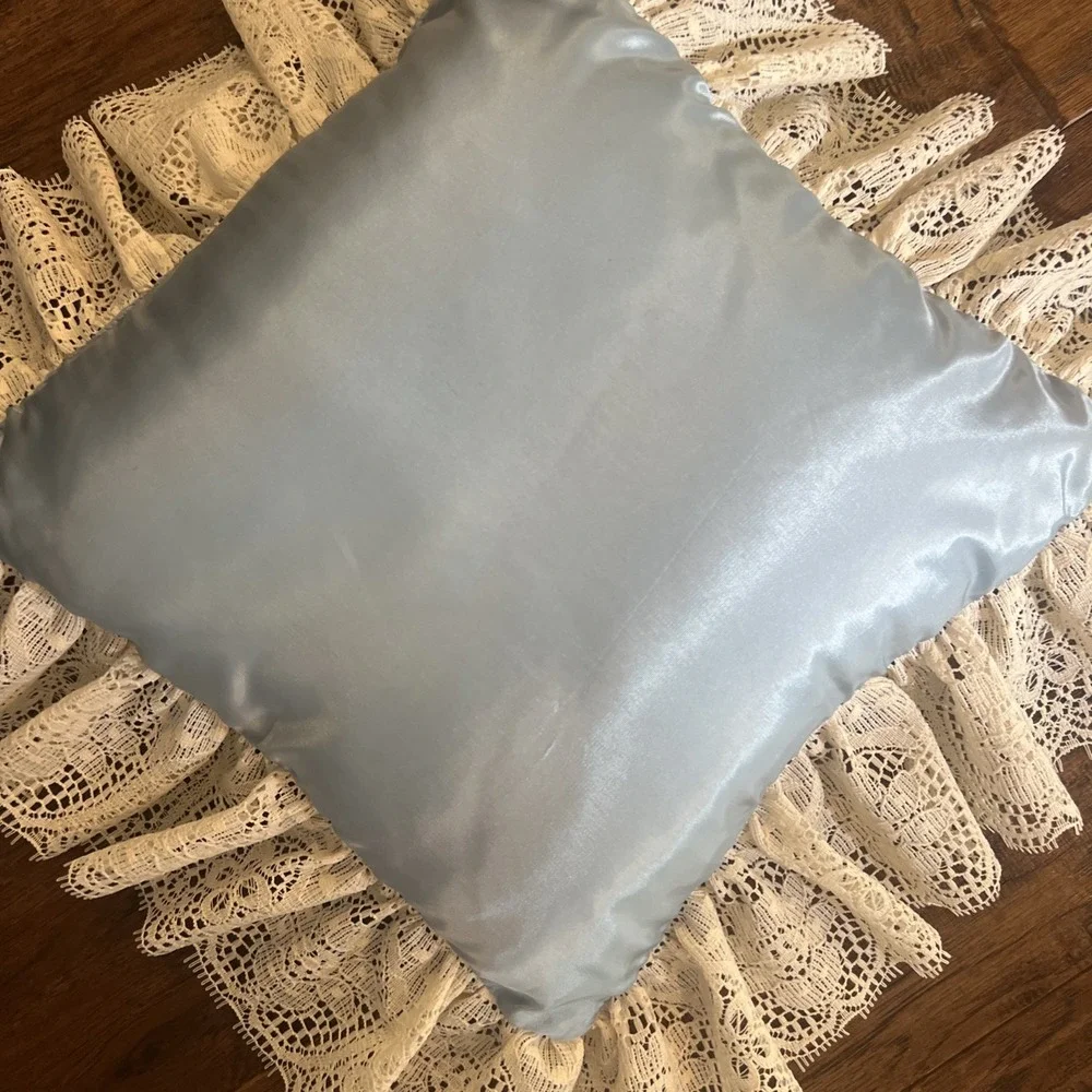 Vintage Satin & Lace Throw Pillow Grannycore Cottagecore Blue Ivory Cream